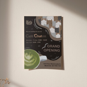An advertisment for Cafe Chaton. Cafe Chaton brand poster advertisement.
